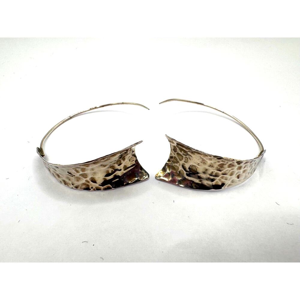 Vintage Mexico 925 Sterling Silver Hammered Hoop Earrings Modernist Statement